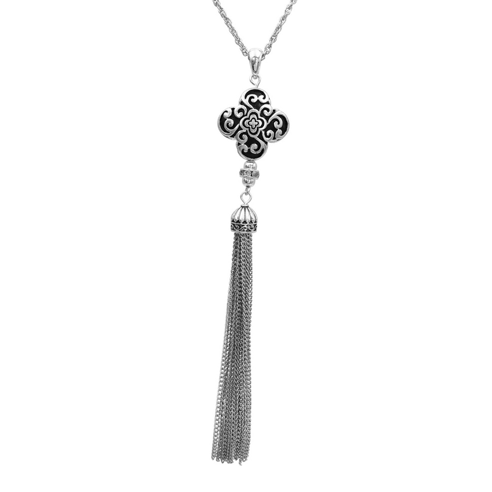 Designer Inspired Long Trendy Quatrefoil Tassel Silver Tone Necklace